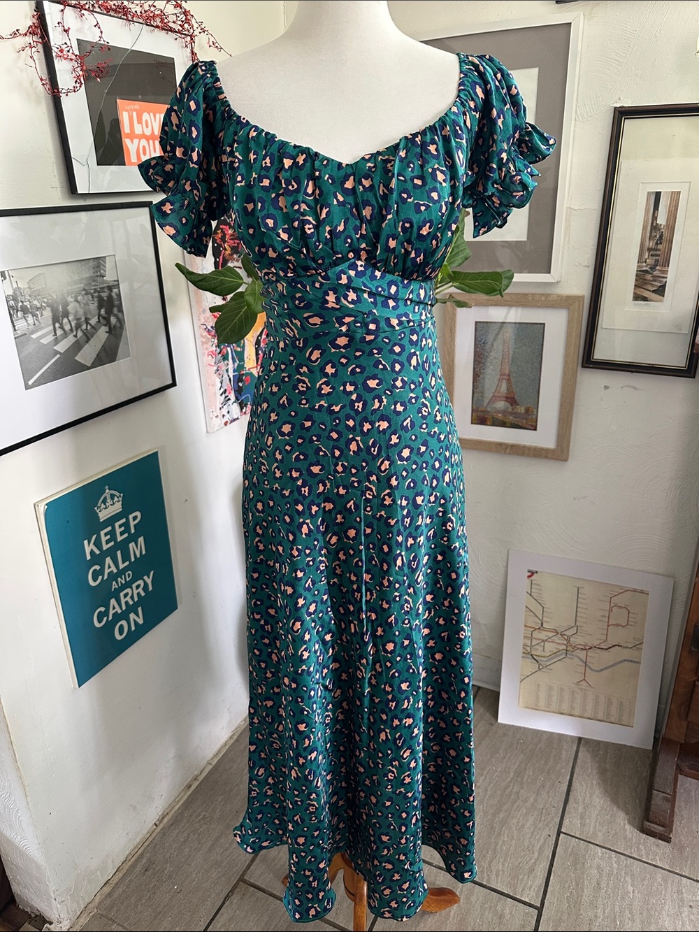 Saints + Secrets Teal Floral-Print Puff Sleeve Maxi Dress Medium